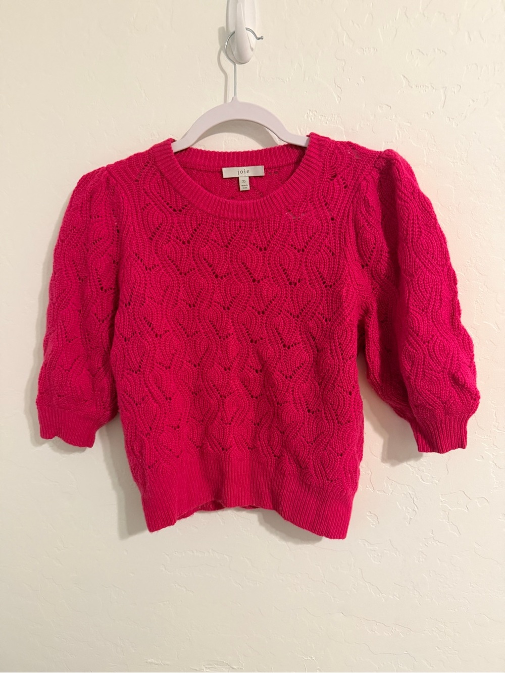 Joie Womens Bright Pink Wool Cashmere Puff-Sleeve Cable Knit Sweater XS